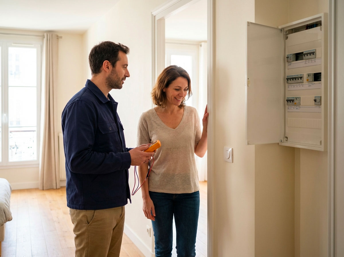 Électricien d'Ateliers Durand travaillant sur un tableau électrique