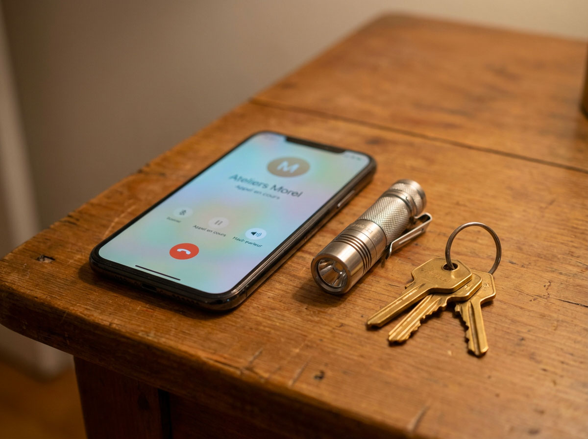 Téléphone posé sur une table avec un électricien en cours d'appel, à côté d'outils électriques